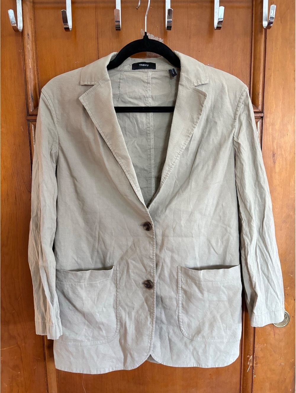 Theory Linen Blend Two Button Patch Pocket Blazer Jacket Khaki Size 2